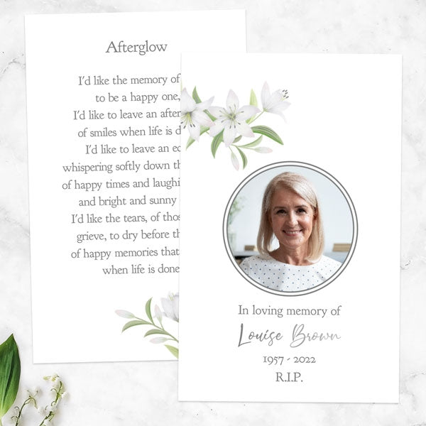 Foil Funeral Memorial Cards - White Lilies Photo