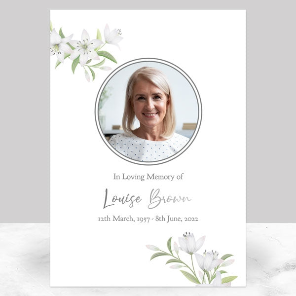 Foil Funeral Memorial Sign - White Lilies Photo