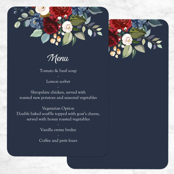 Navy Jewel Flowers Wedding Menu