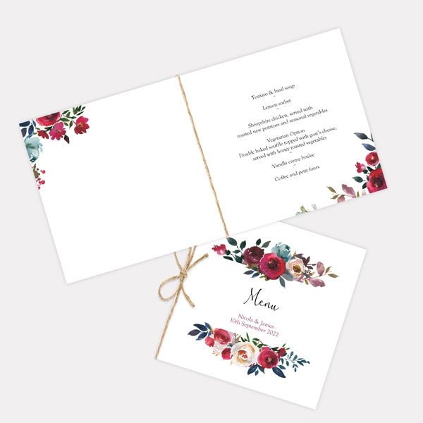 Boho Burgundy Flowers Wedding Menu