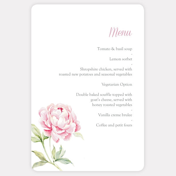 Pretty Pink Peony Iridescent Wedding Menu