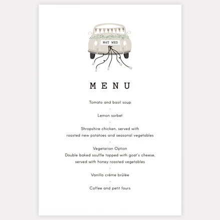 Vintage Classic Car Wedding Menu