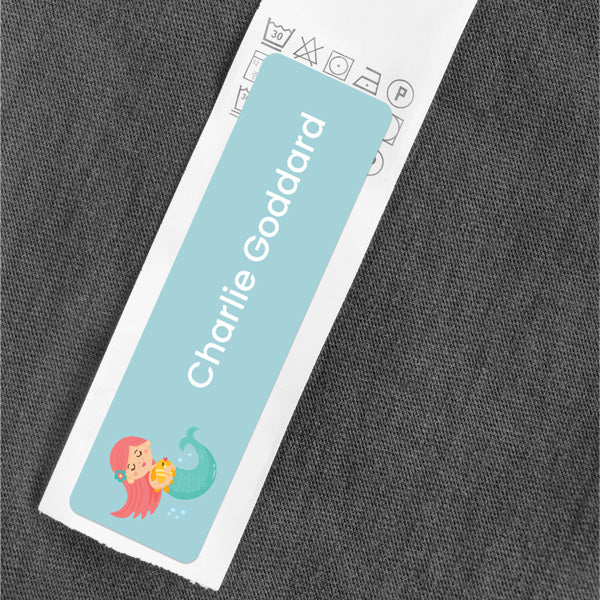 Medium Personalised Stick On Waterproof (Clothing/Equipment) Name Labels - Mermaid - Pack of 36