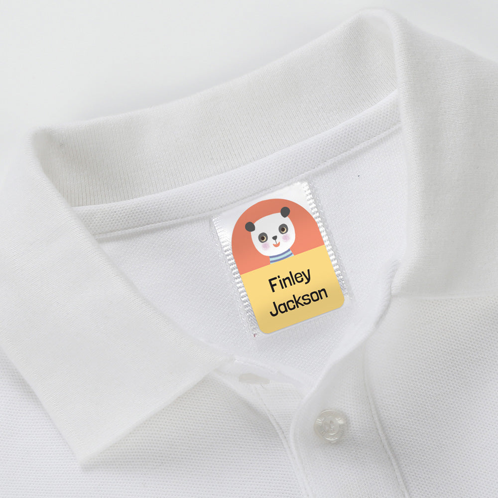 No Iron Personalised Stick On Waterproof (Clothing/Equipment) Name Labels - Panda Stripes - Mixed Pack of 50