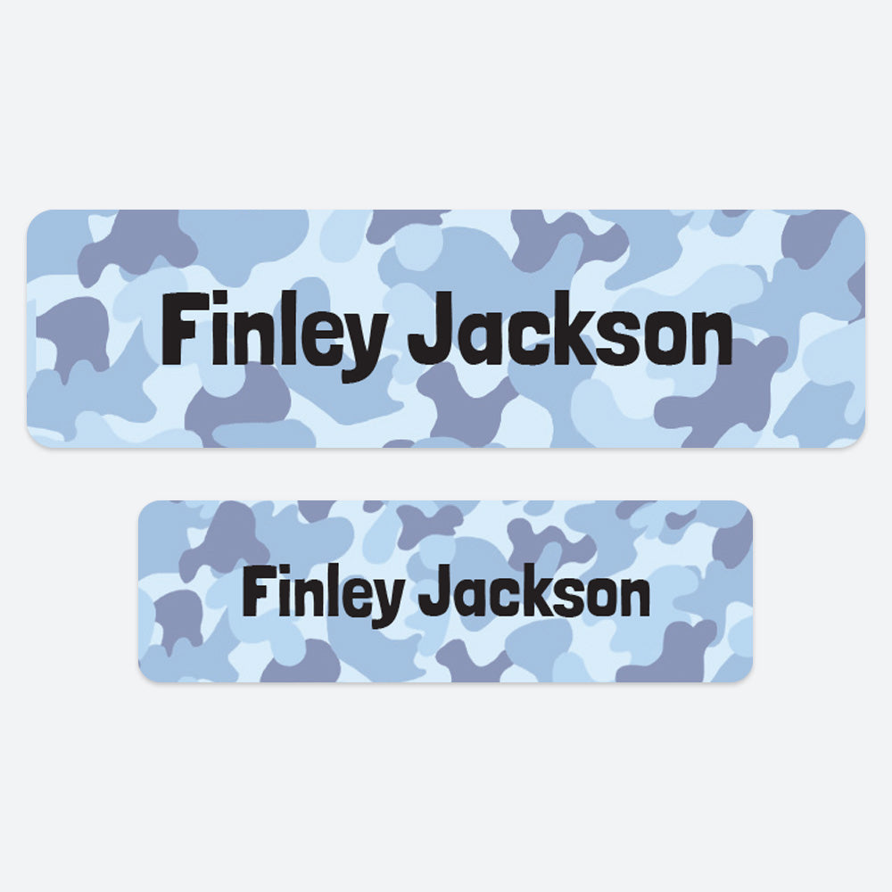 No Iron Personalised Stick On Waterproof (Clothing/Equipment) Name Labels - Cool Camouflage Blue - Pack of 50