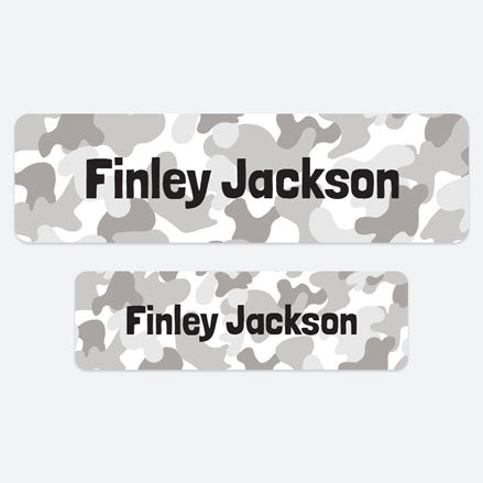 No Iron Personalised Stick On Waterproof (Clothing/Equipment) Name Labels - Cool Camouflage Grey - Pack of 50