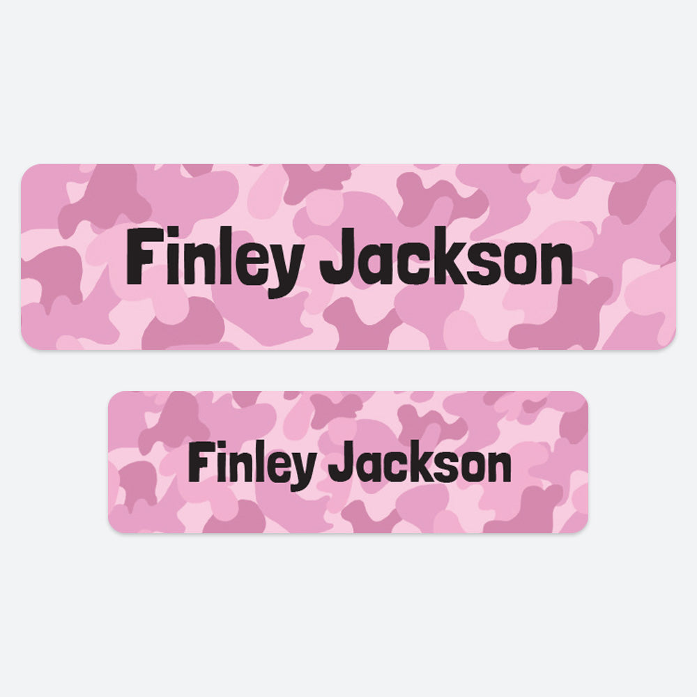 No Iron Personalised Stick On Waterproof (Clothing/Equipment) Name Labels - Cool Camouflage Pink - Pack of 50