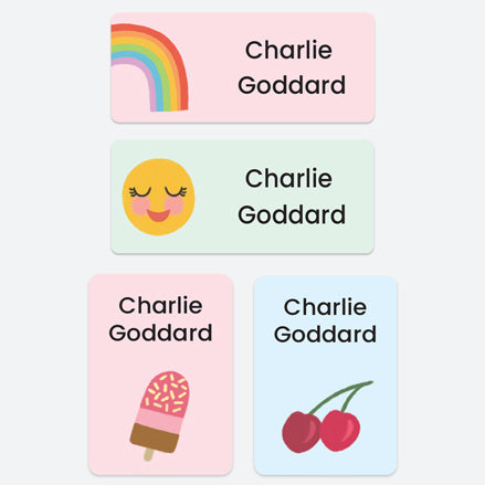 Mixed Pack Personalised Stick On Waterproof Name Labels - Cute Icons Rainbow Mix - Pack of 43