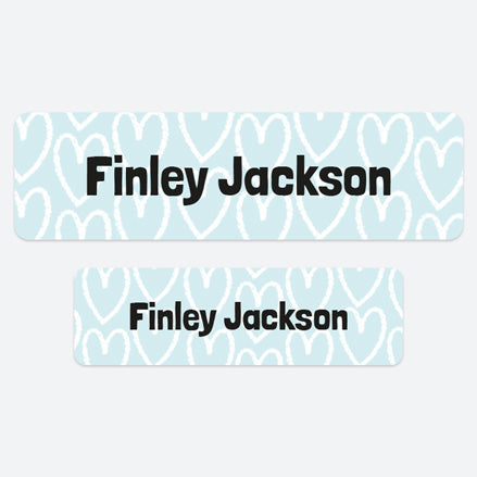 No Iron Personalised Stick On Waterproof (Clothing/Equipment) Name Labels - Doodle Hearts Blue - Pack of 50