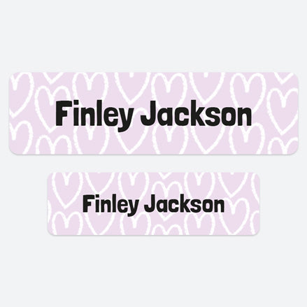 No Iron Personalised Stick On Waterproof (Clothing/Equipment) Name Labels - Doodle Hearts Lilac - Mixed Pack of 50