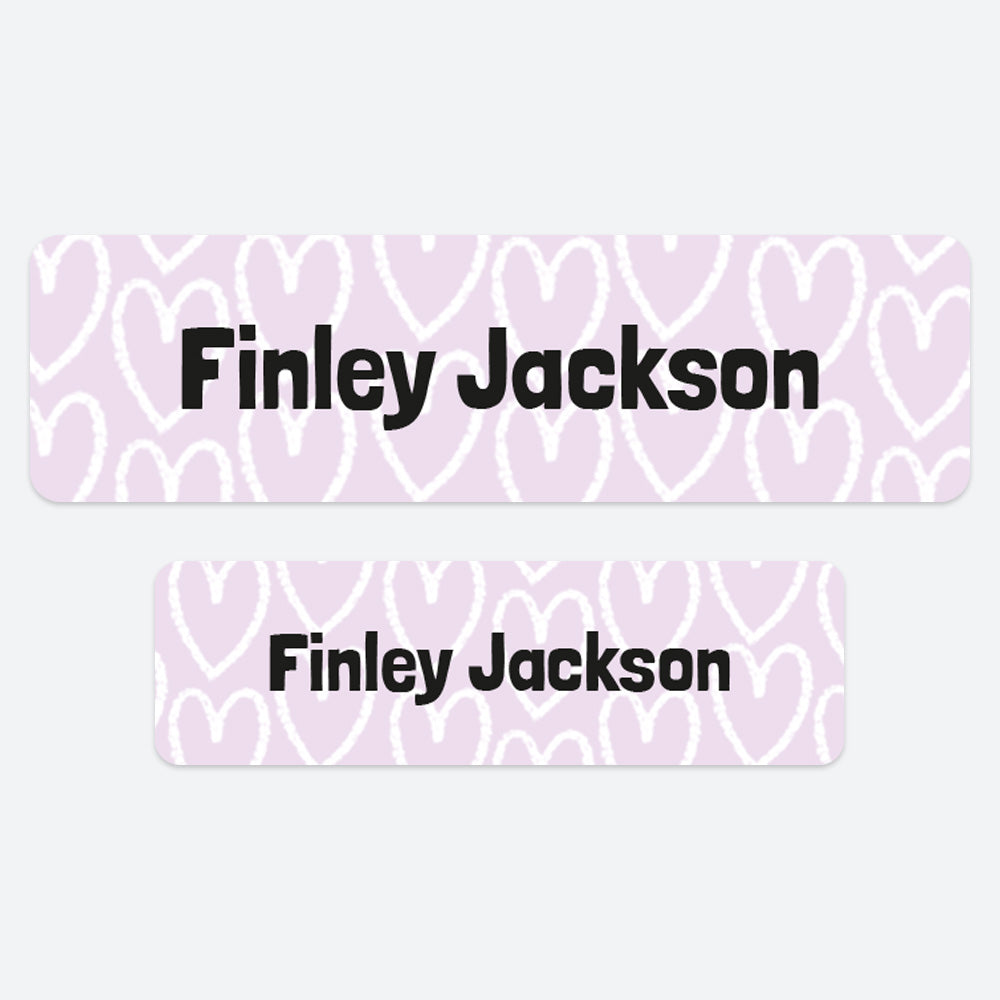No Iron Personalised Stick On Waterproof (Clothing/Equipment) Name Labels - Doodle Hearts Lilac - Mixed Pack of 50