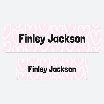 No Iron Personalised Stick On Waterproof (Clothing/Equipment) Name Labels - Doodle Hearts Pink - Pack of 50