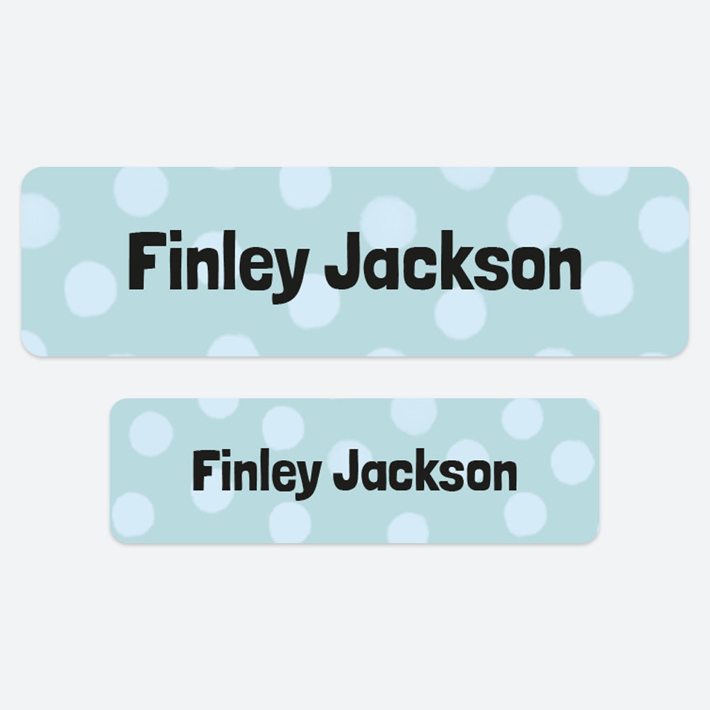 No Iron Personalised Stick On Waterproof (Clothing/Equipment) Name Labels - Doodle Spots Blue - Pack of 50