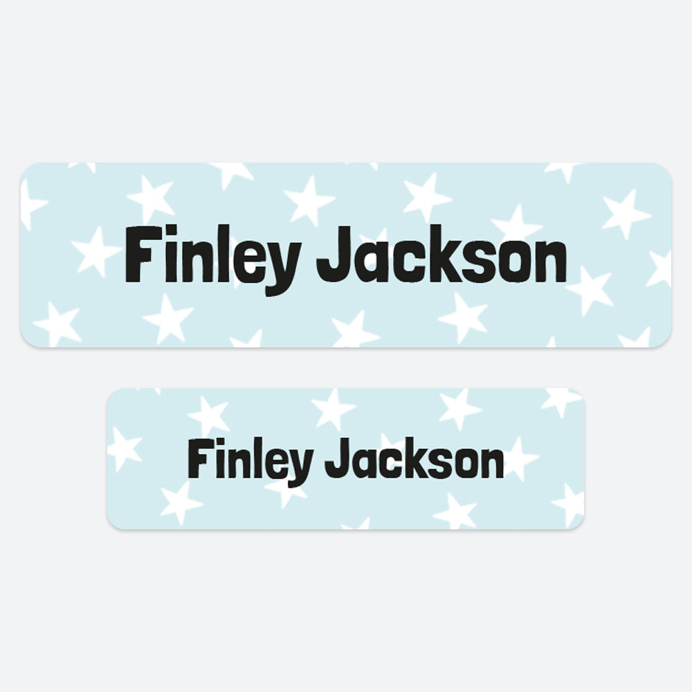 No Iron Personalised Stick On Waterproof (Clothing/Equipment) Name Labels - Doodle Stars Blue - Pack of 50