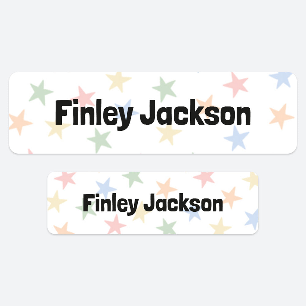 No Iron Personalised Stick On Waterproof (Clothing/Equipment) Name Labels - Doodle Stars Pastels - Pack of 50