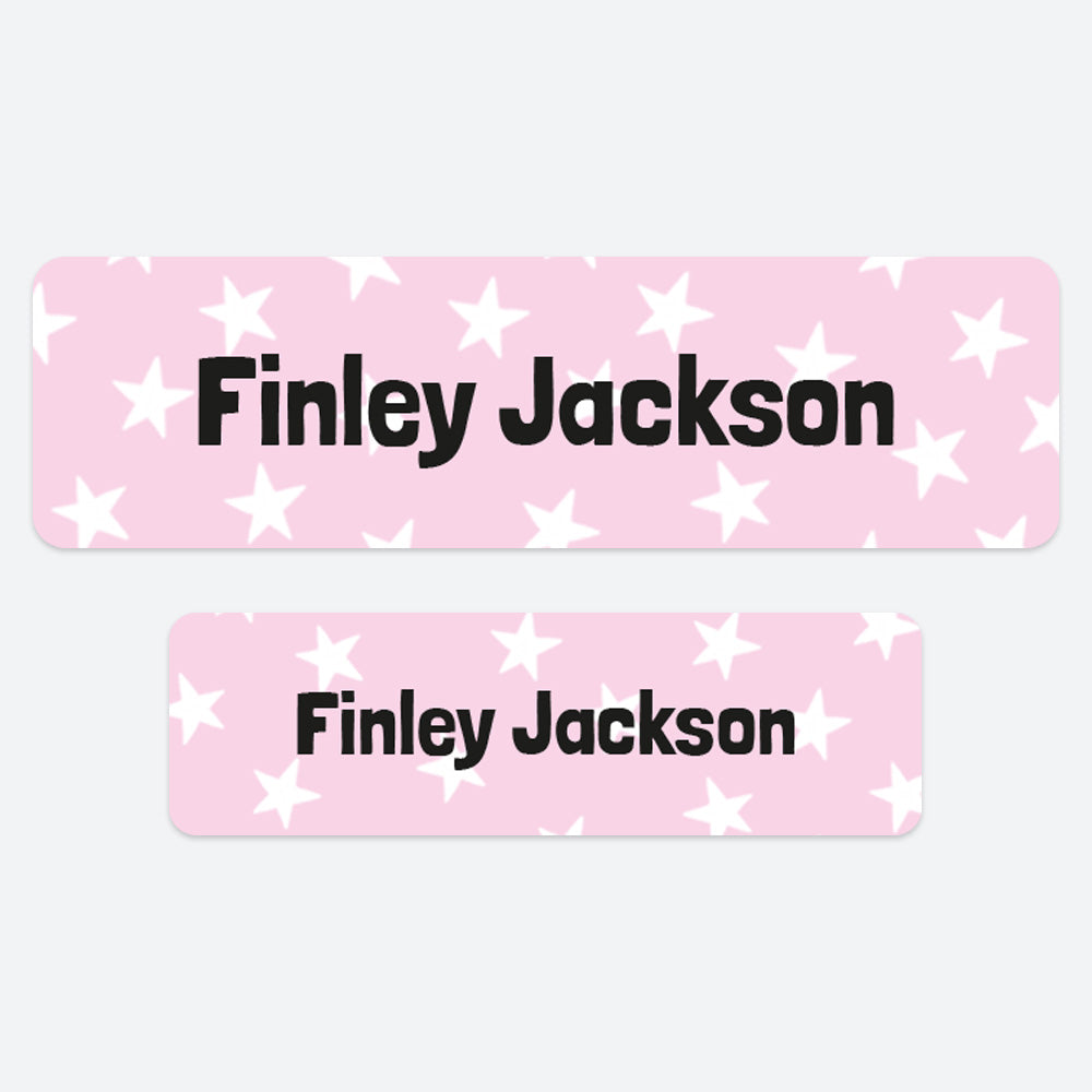 No Iron Personalised Stick On Waterproof (Clothing/Equipment) Name Labels - Doodle Stars Pink - Pack of 50