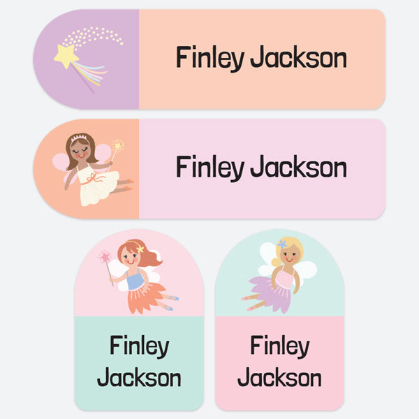 No Iron Personalised Stick On Waterproof (Clothing/Equipment) Name Labels - Princess Fairies - Mixed Pack of 50