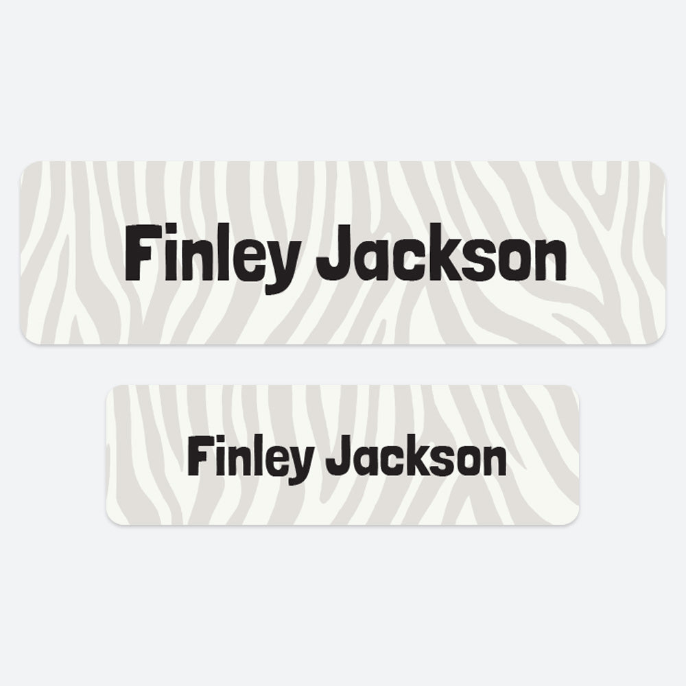 No Iron Personalised Stick On Waterproof (Clothing/Equipment) Name Labels - Zebra Print Grey - Pack of 50