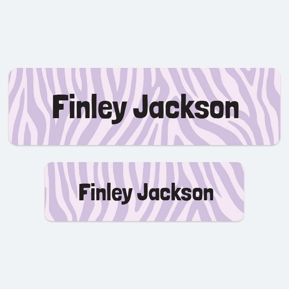 No Iron Personalised Stick On Waterproof (Clothing/Equipment) Name Labels - Zebra Print Lilac - Pack of 50