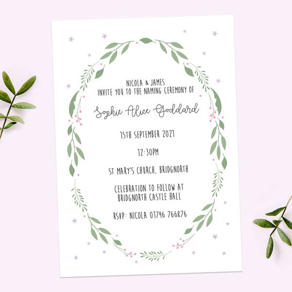 Naming Ceremony Invitations - Girls Foliage Wreath - Pack of 10