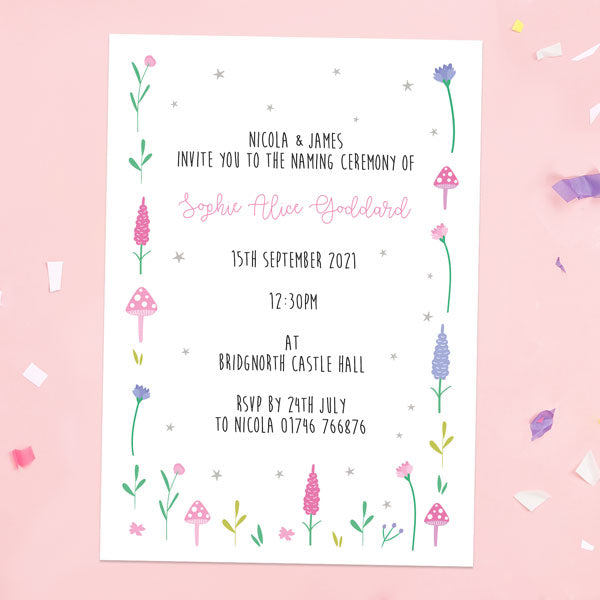 Naming Ceremony Invitations - Fairy Garden - Pack of 10