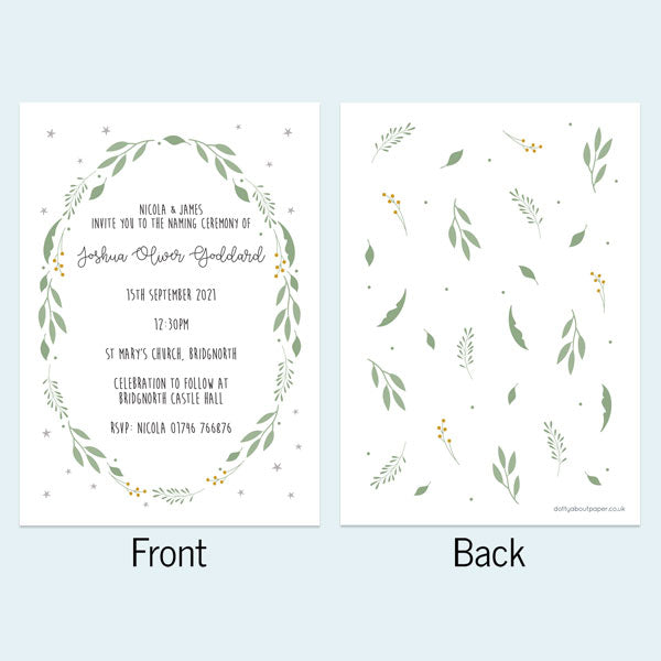 Naming Ceremony Invitations - Boys Foliage Wreath - Pack of 10
