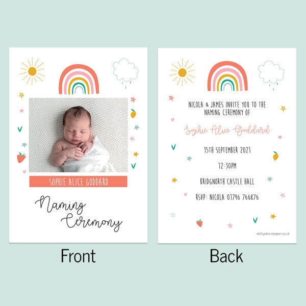 Naming Ceremony Invitations - Chasing Rainbows - Use Your Own Photo - Pack of 10
