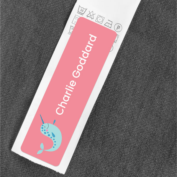 Medium Personalised Stick On Waterproof (Clothing/Equipment) Name Labels - Narwhal - Pack of 36