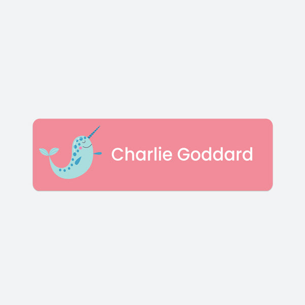 Medium Personalised Stick On Waterproof (Clothing/Equipment) Name Labels - Narwhal - Pack of 36