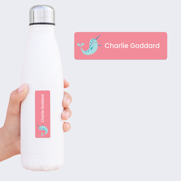 Medium Personalised Stick On Waterproof (Clothing/Equipment) Name Labels - Narwhal - Pack of 36