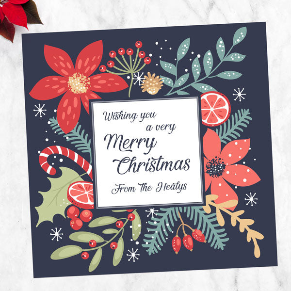 Personalised Christmas Cards - Navy Festive Foliage Border - Pack of 10