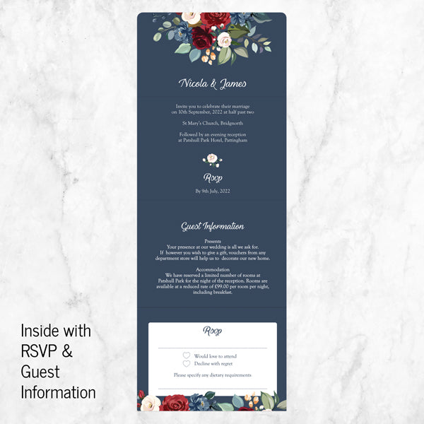 Navy Jewel Flowers - Tri Fold Wedding Invitation & RSVP