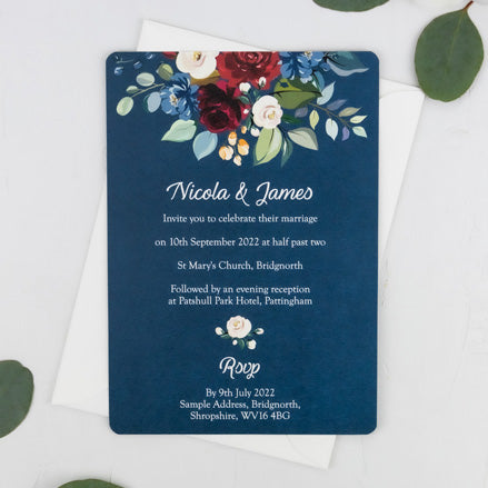 Navy Jewel Flowers Wedding Invitation