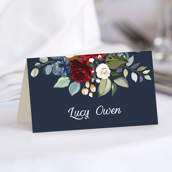 Navy Jewel Flowers Place Card