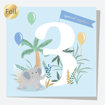 Luxury Foil Nephew Birthday Card - Animal World - Elephant - 3rd Birthday