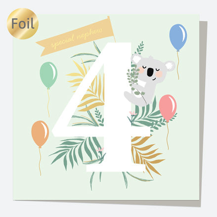 Luxury Foil Nephew Birthday Card - Animal World - Koala - 4th Birthday