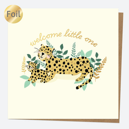 Luxury Foil New Baby Card - Animal World - Leopard - Welcome Little One