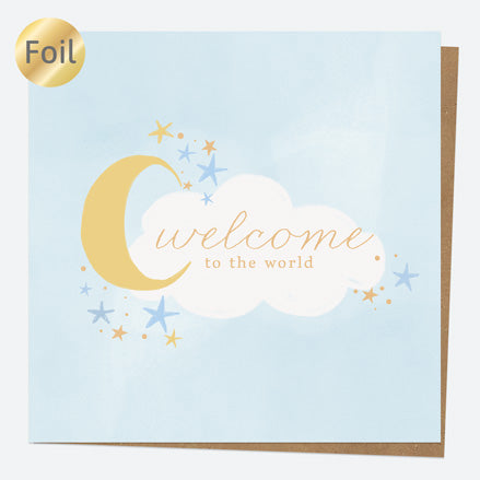Luxury Foil New Baby Card - Moon & Clouds - Blue