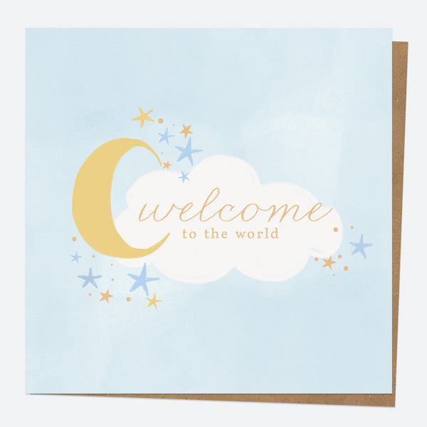 Luxury Foil New Baby Card - Moon & Clouds - Blue