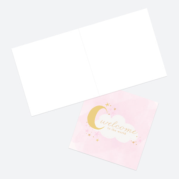 Luxury Foil New Baby Card - Moon & Clouds - Pink