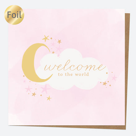 Luxury Foil New Baby Card - Moon & Clouds - Pink
