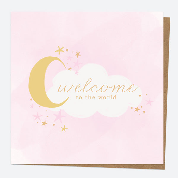 Luxury Foil New Baby Card - Moon & Clouds - Pink