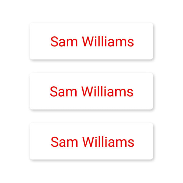 Office Work - Small Personalised Stick On Waterproof (Equipment) Name Labels - Red Text - Pack of 60