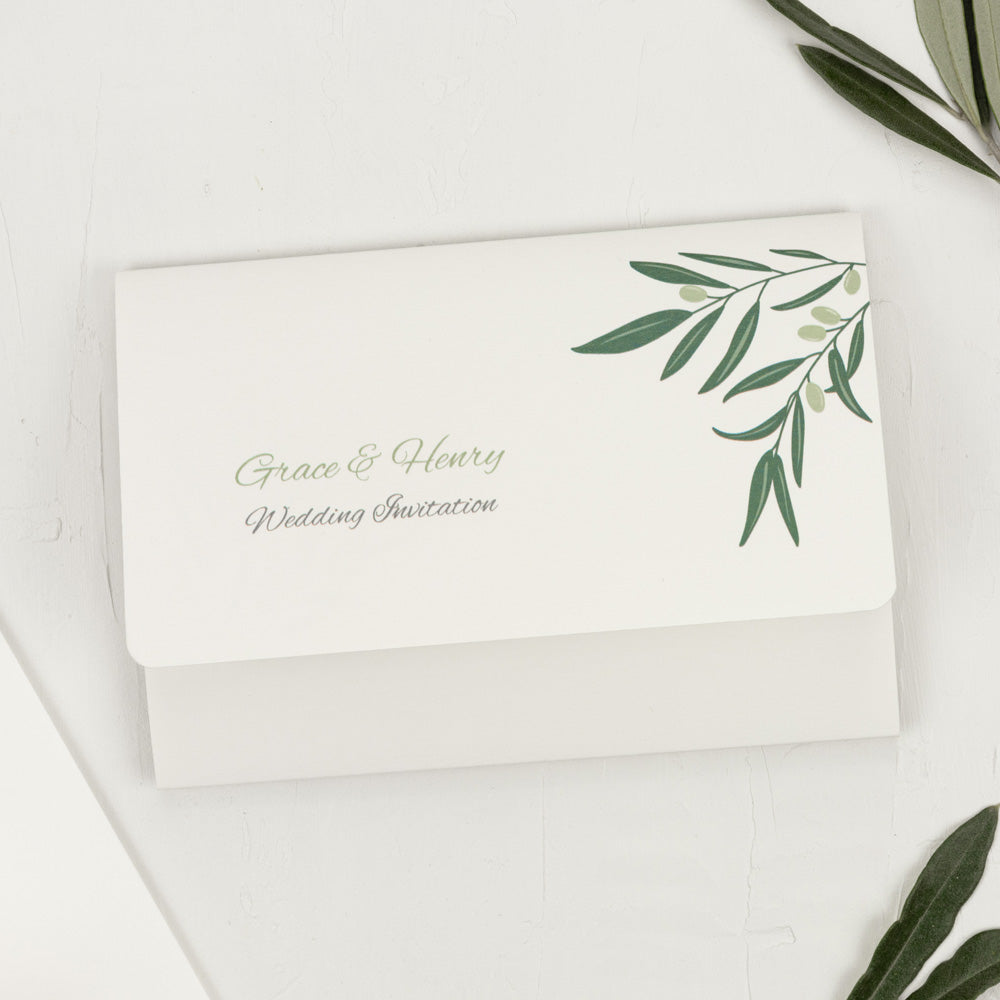 Olive Sprig - Tri Fold Wedding Invitation & Information Card Suite