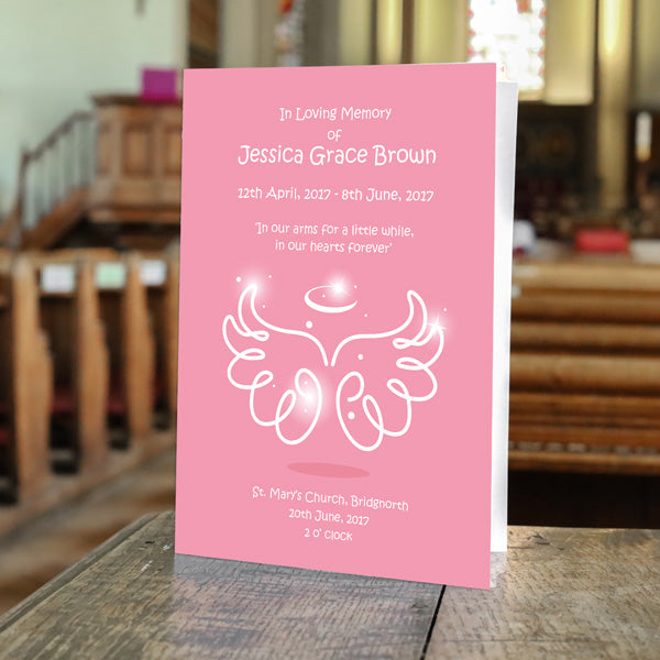 Funeral Order of Service - Bright Pink Angel Wings & Halo