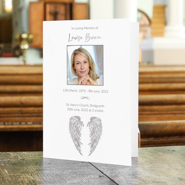 Foil Funeral Order of Service - Silver Angel Wings