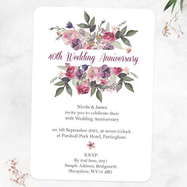 40th Wedding Anniversary Invitations - Painted Flowers