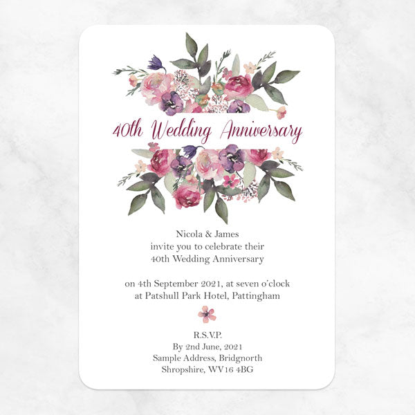 40th Wedding Anniversary Invitations - Painted Flowers