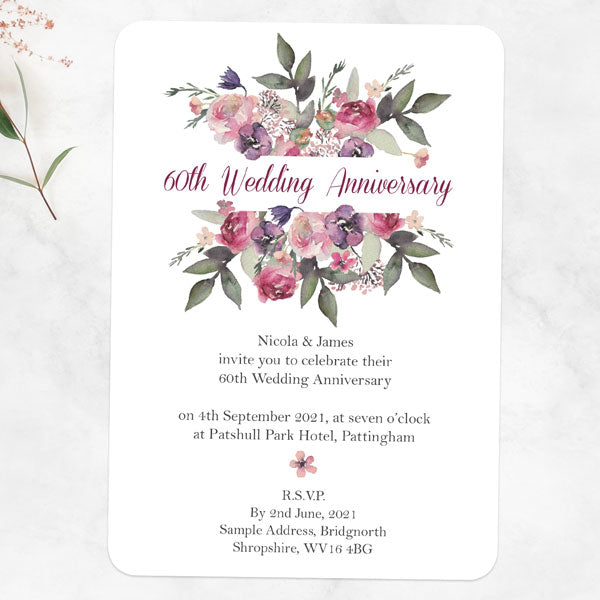60th Wedding Anniversary Invitations - Painted Flowers