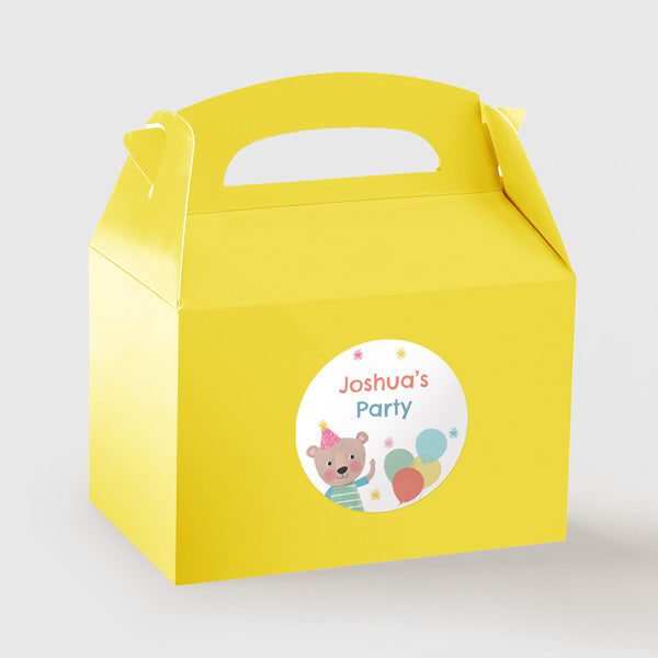 Dotty Party Bear - Yellow Party Boxes and Round Stickers - Pack of 10